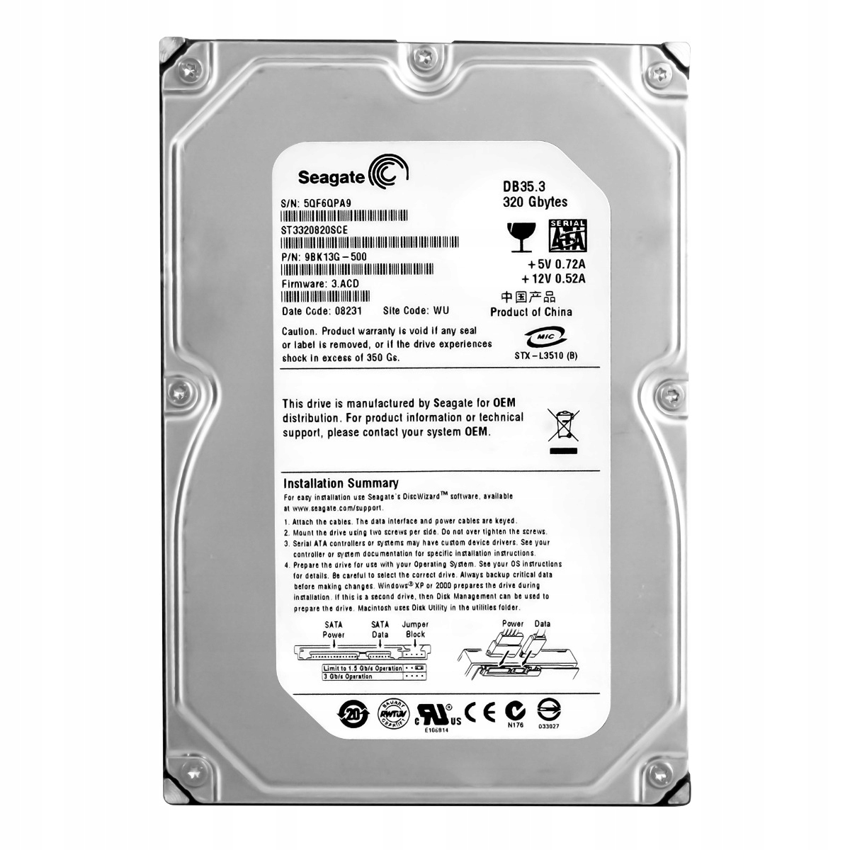 Seagate DB35.3 320GB 7.2K 8MB Sata II 3.5'' ST3320820SCE