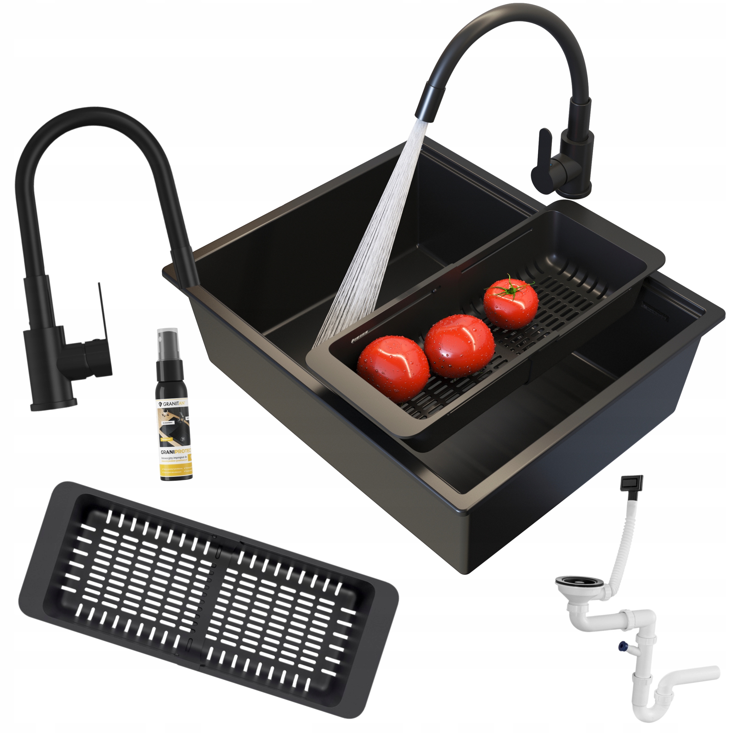 Granitový jednokomorový drez Sinko, pod doskou, sada batérií, sifón