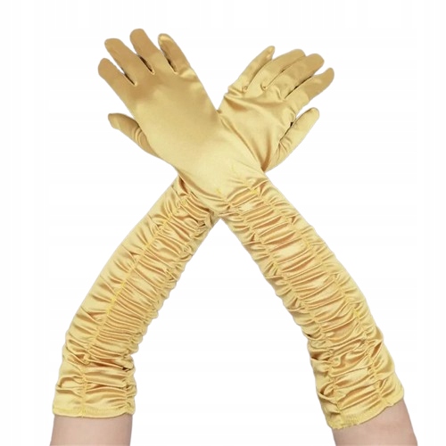 RĘKAWICZKI SATYNOWE długie za łokieć ( 50cm ) marszczone złote