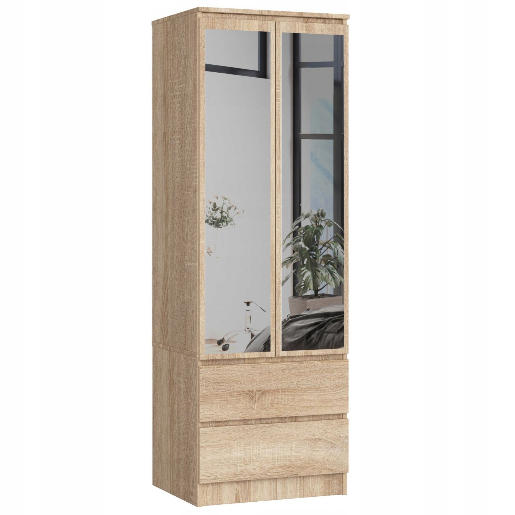 Szafa garderoba Star 60 cm lustro sypialnia 2 drzwi 2 szuflady Dąb Sonoma