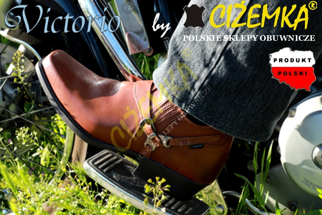 VICTORIO Kowbojki Półbuty na motol chopper cruiser SKÓRA PL 1026 BRĄZ 43 Zapięcie na zamek