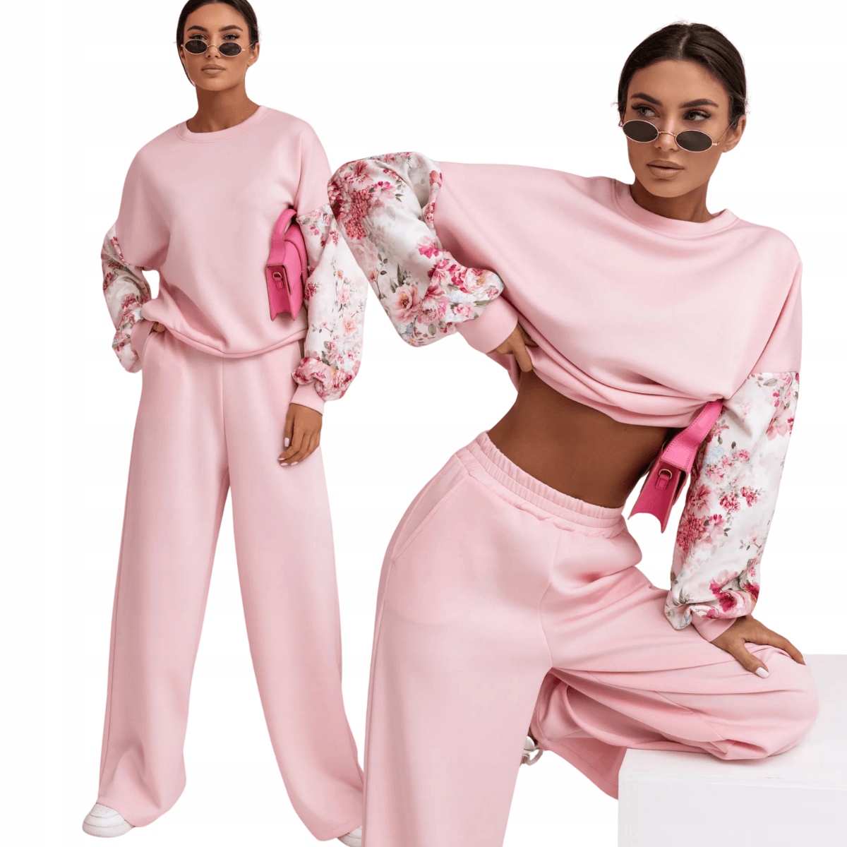 Tepláková souprava z viskózy, elegantní, s květinami, volný střih, velikost 557 L/XL
