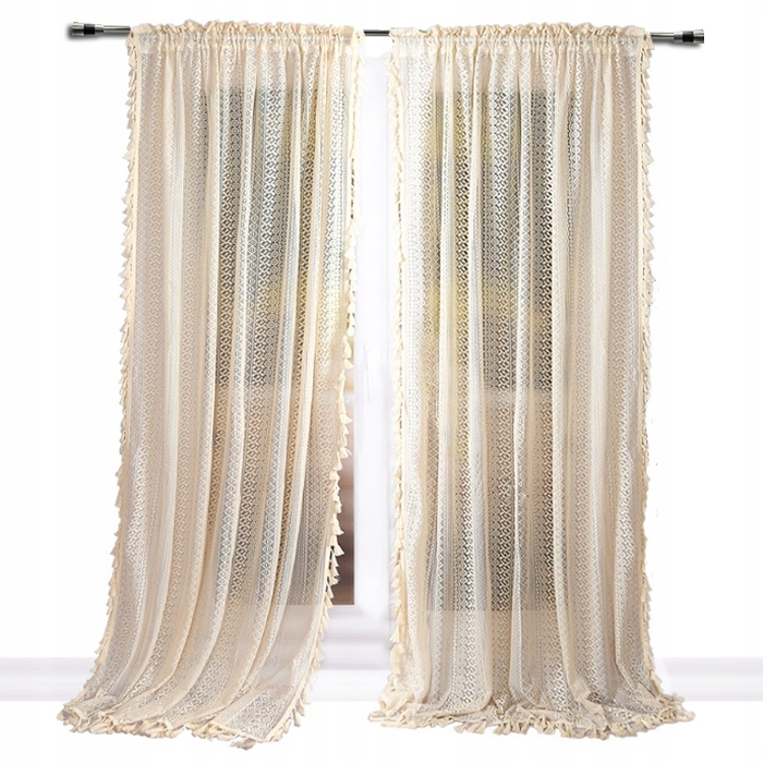 Hotové Záclony Boho Krajka Se Střapci Na Pásku 145 x 250 Béžová