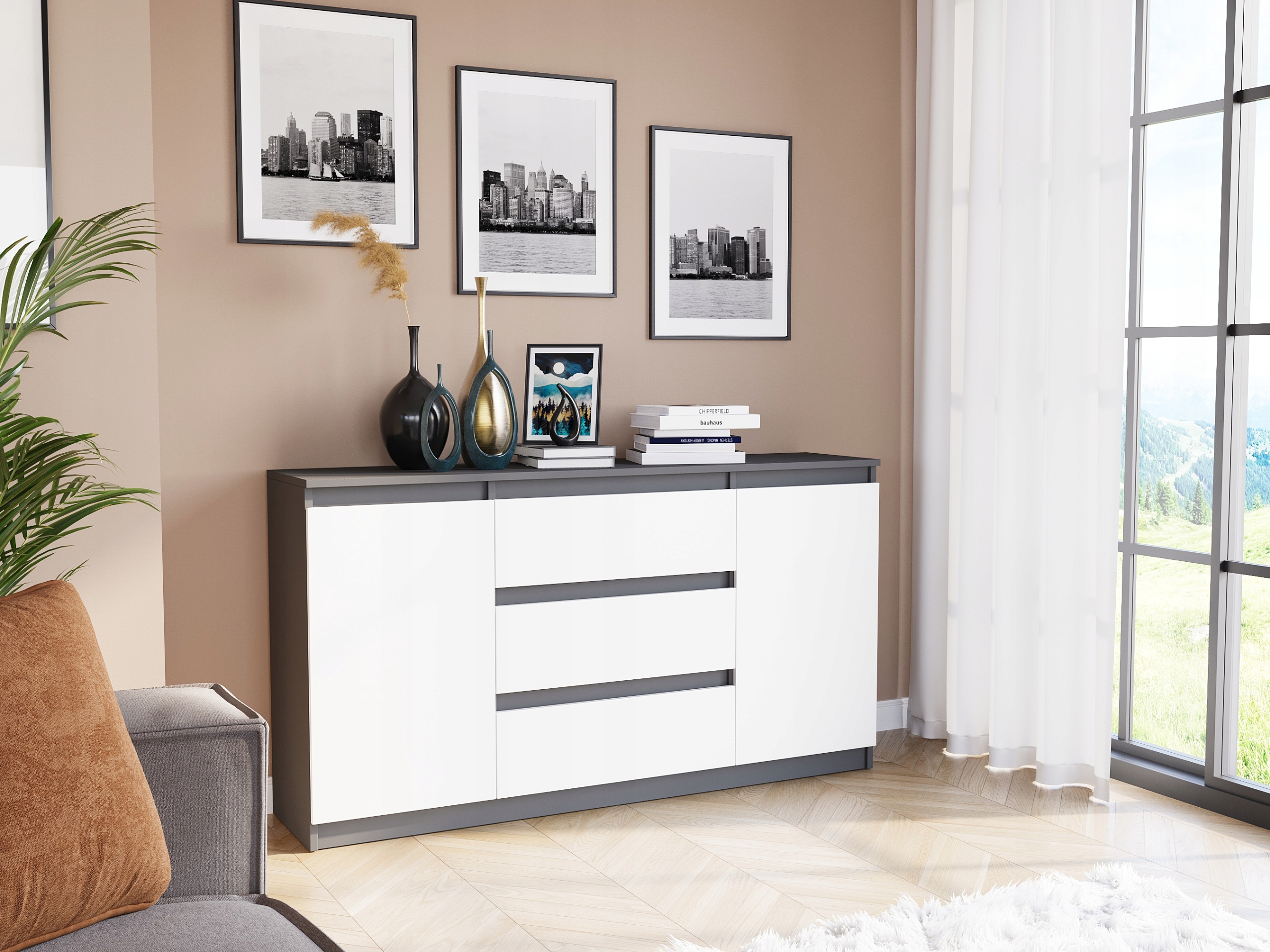 KOMODA 140 SZAFKA 3 SZUFLADY 2 PÓŁKI R-140-S3 ANTRACYT MIX