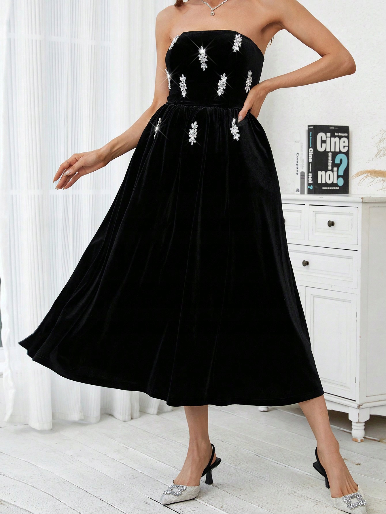 Šaty Večerní Sukně S Odhalenými Rameny Černá Shein Xs 34