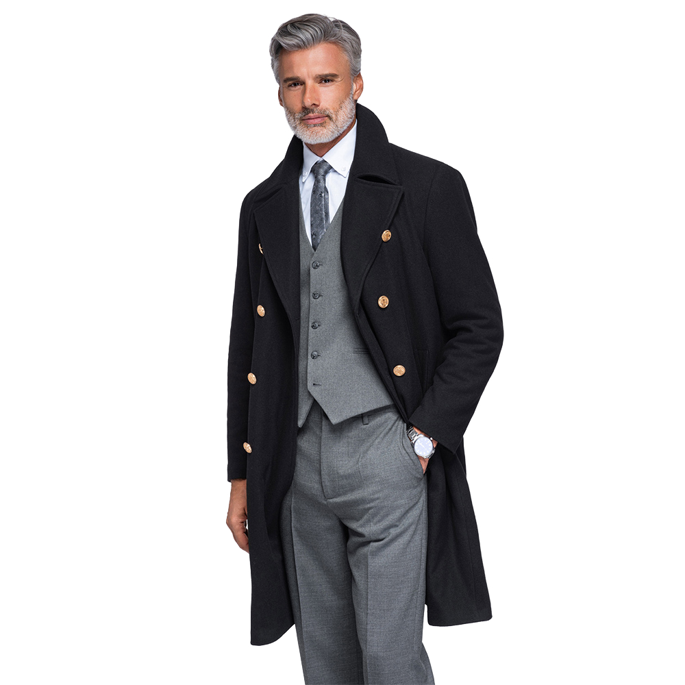 Elegantní pánský vojenský dvouřadý černý módní kabát OM-COWC-0156 M