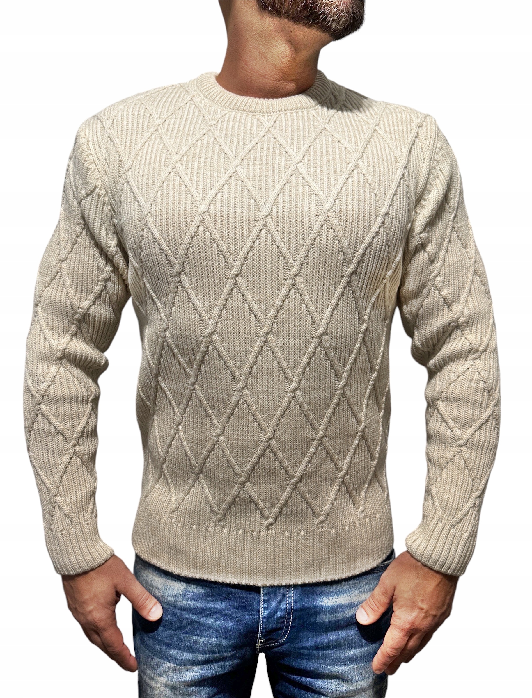 Teplý Tlustý Pánský Ležérní Svetr Romby Ombre Béžový L