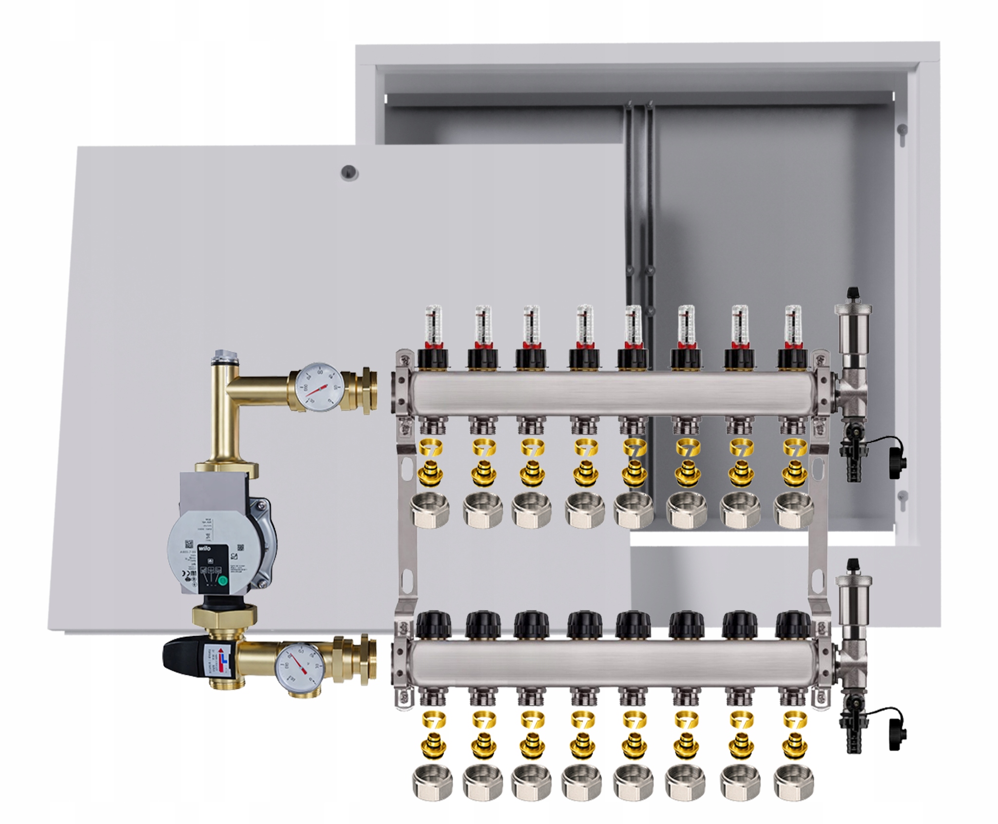 Rozdeľovač na podlahu nerez 8 s krabicou Čerpadlo Wilo Spojky