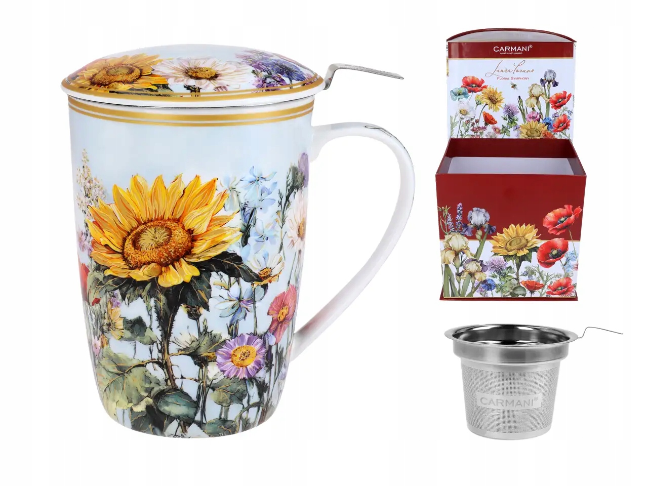 Carmani Hrnek se sítkem a víčkem L.Lozano Květinová louka se slunečnicemi