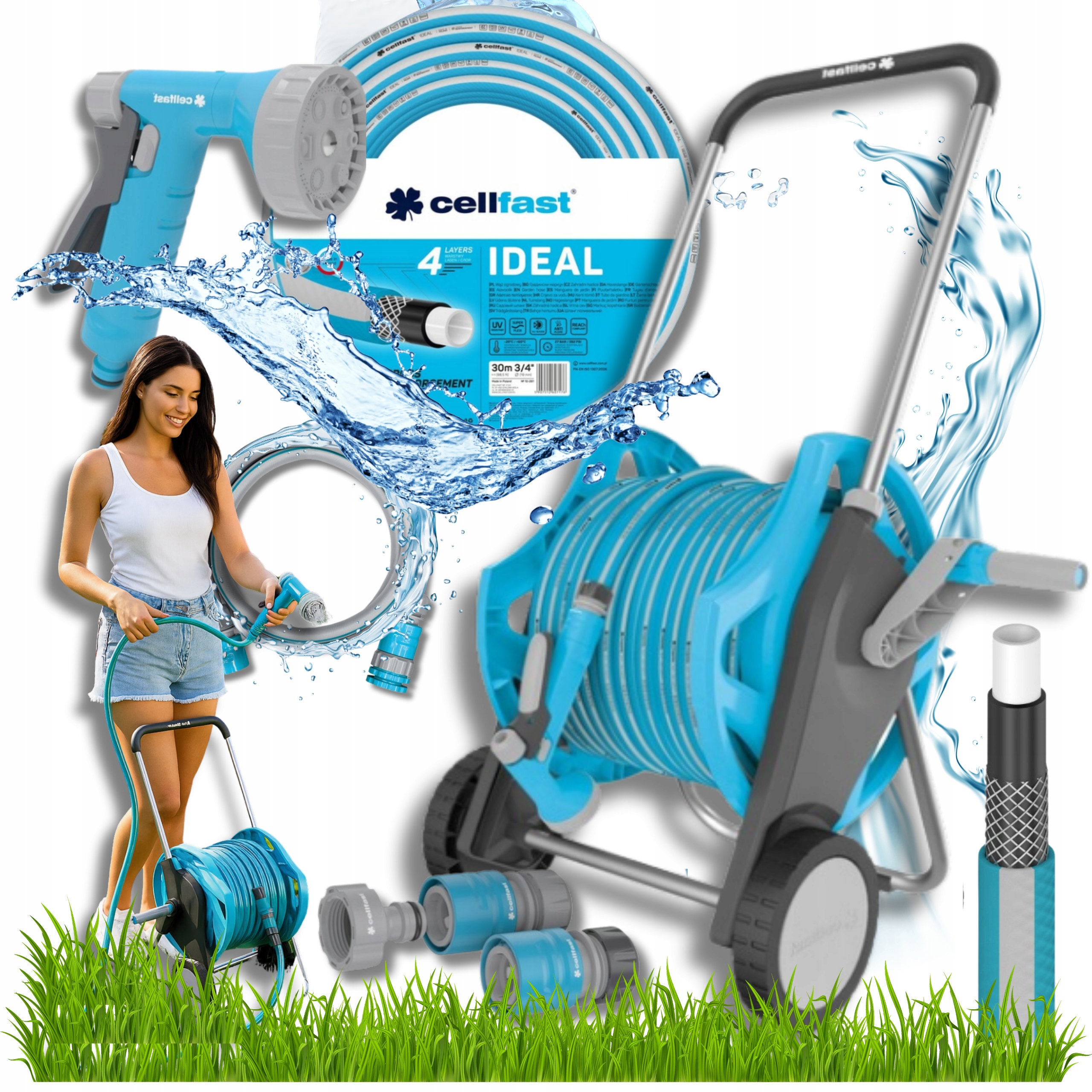 Cellfast Wąż Ogrodowy Na Wózku 3/4" 30m Zraszacze I Złączki Do Podlewania