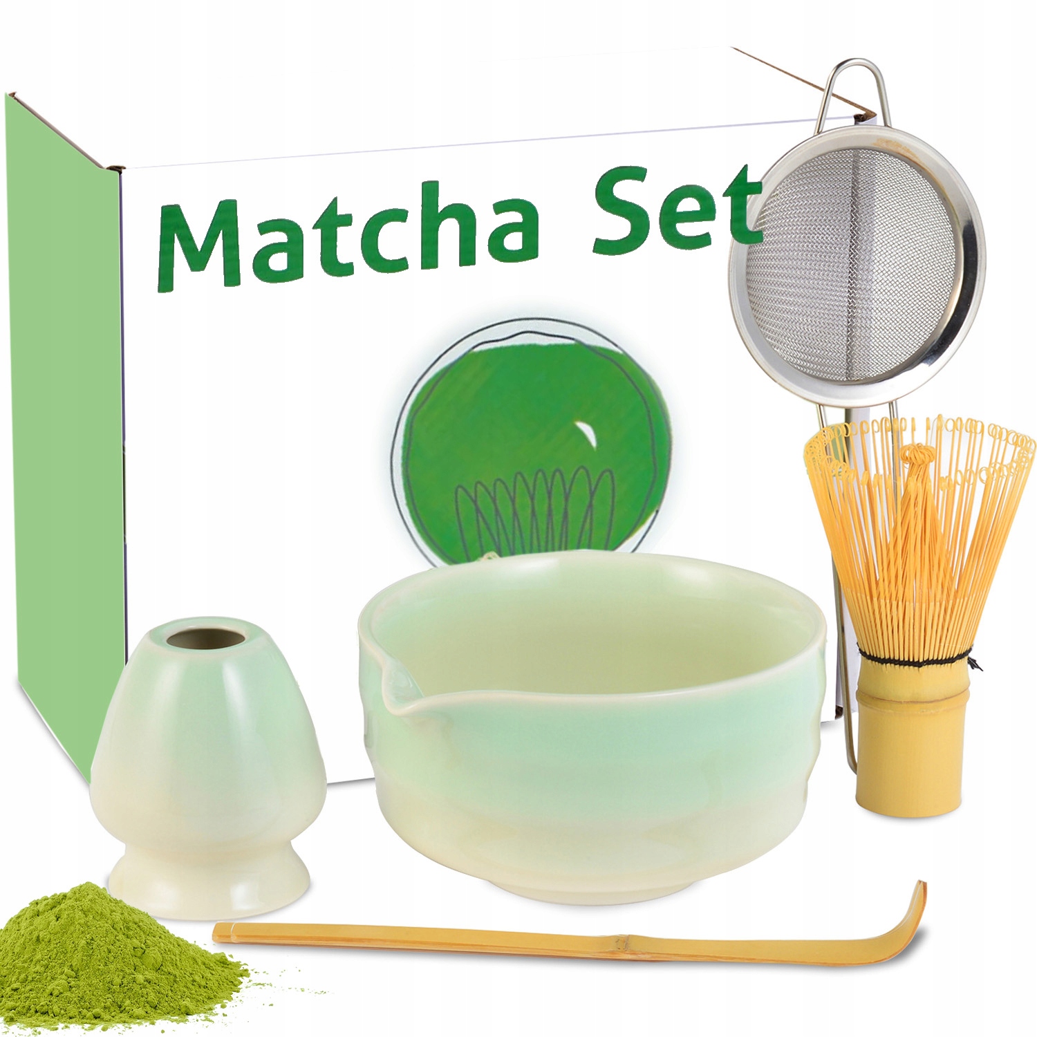 Levně Dárková Sada Na Čaj Matcha Šálek Metla Podstavec Keramika 5KS