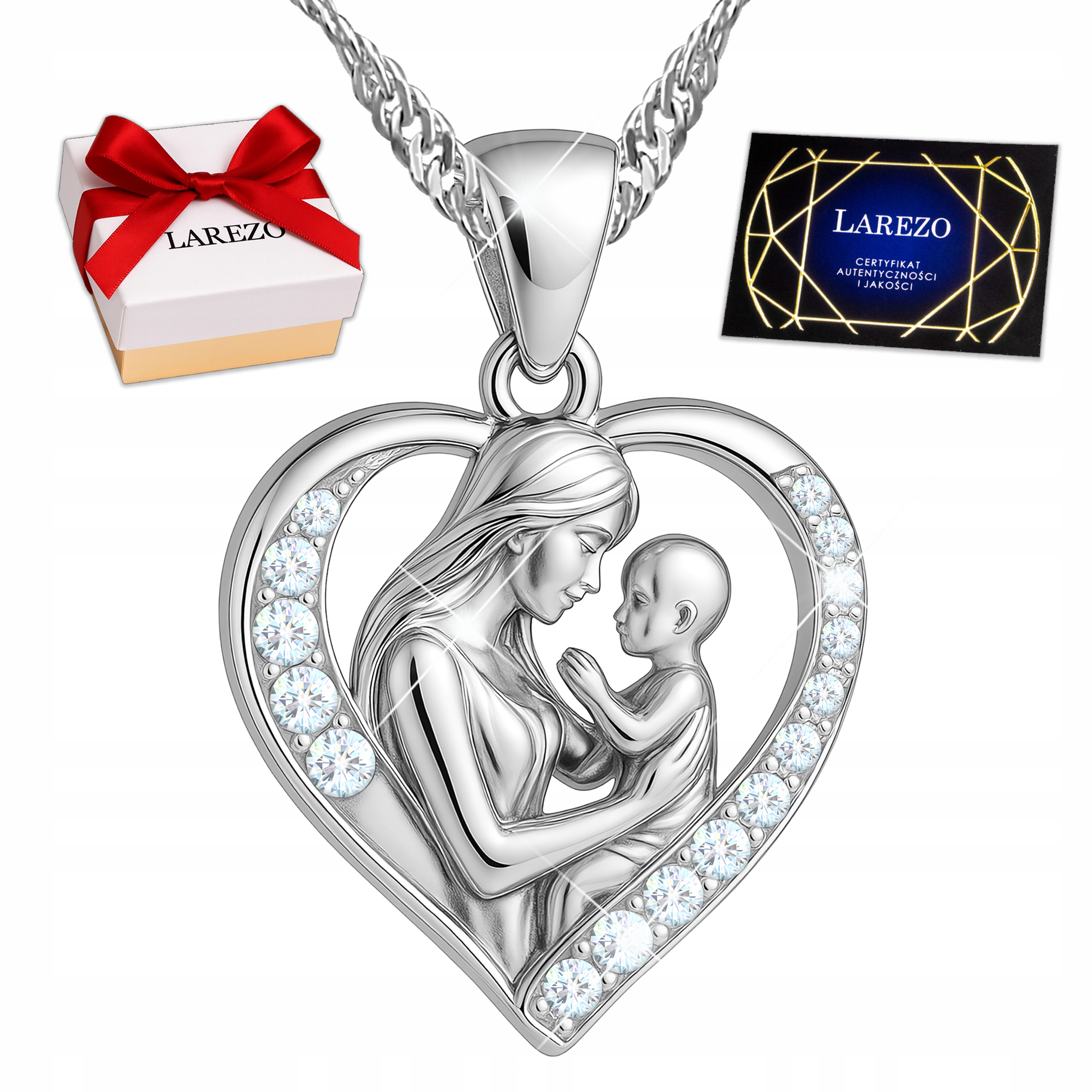 Naszyjnik Srebrny Matka z Dzieckiem Serce Mama i Córka Cyrkonie Srebro 925