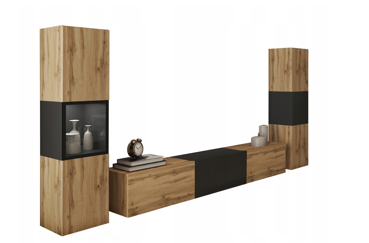 Nábytková Stěna Berlin 180 cm černý/dub wotan do obývacího pokoje, moderní