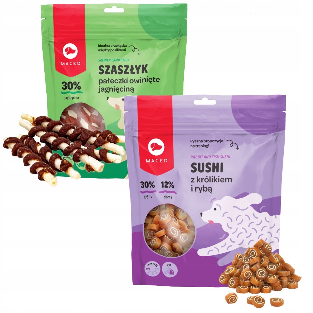 Levně Maced Psí Pamlsek Suši Králík Ryba 500g Jehněčí Špízy 500g