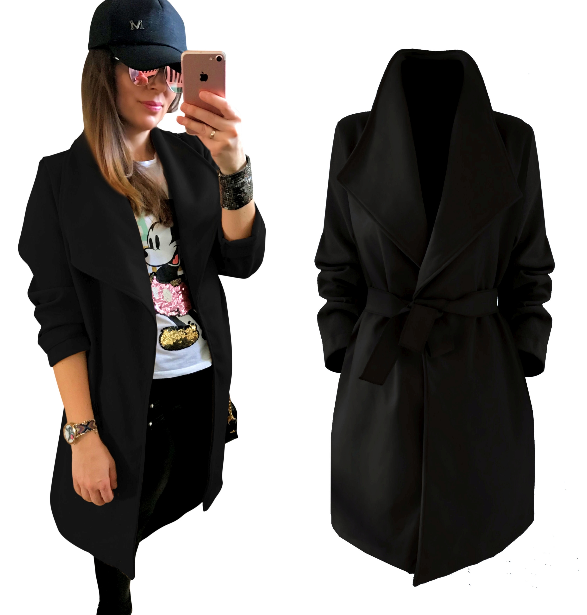 

Płaszcz blogger Klasyczny klapy pasek Czarny