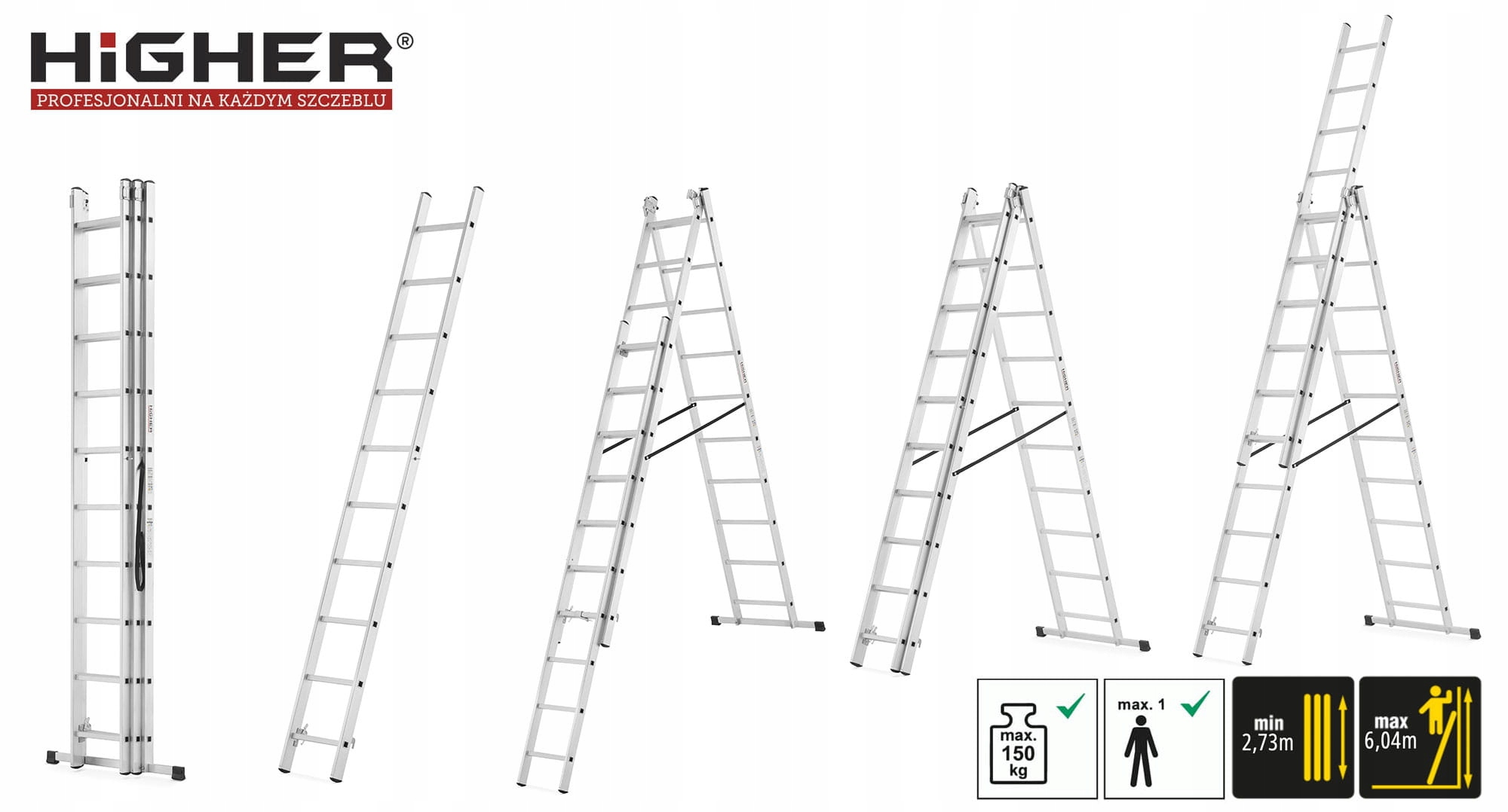 Drabina aluminiowa wielofunkcyjna z adaptacją na schody 3x10 HIGHER 150kg — 16