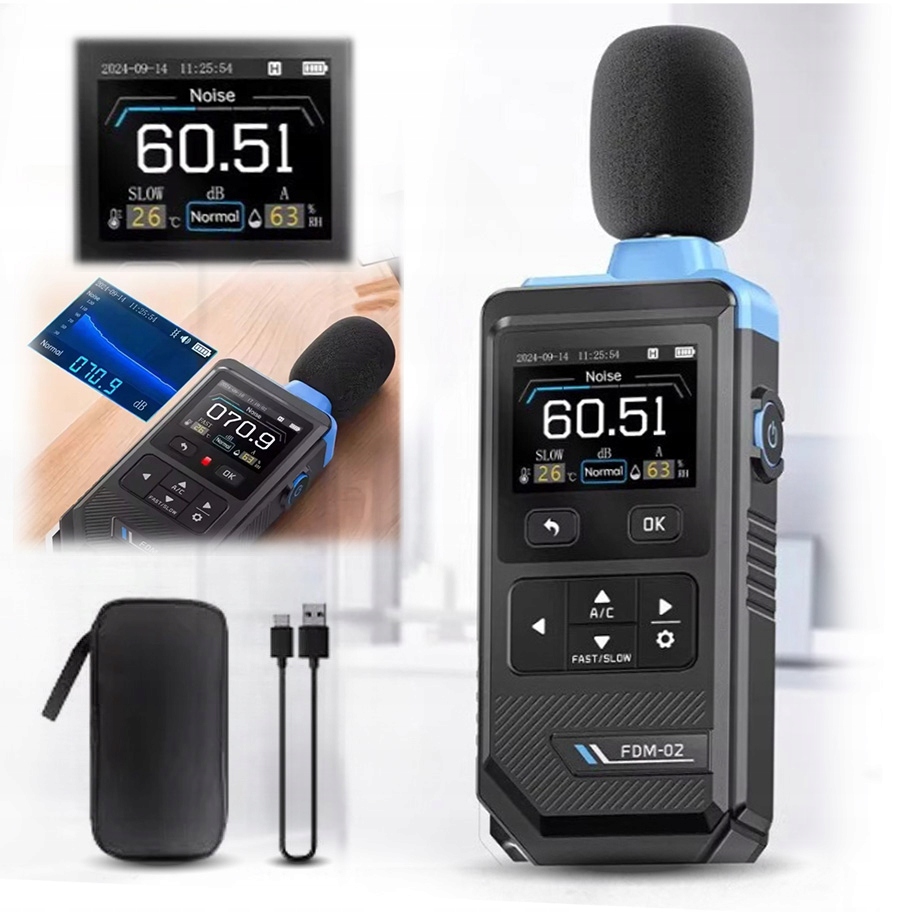 Sonometr Fnirsi FDM-02 měřič zvuku 30–130 dB teplota vlhkost