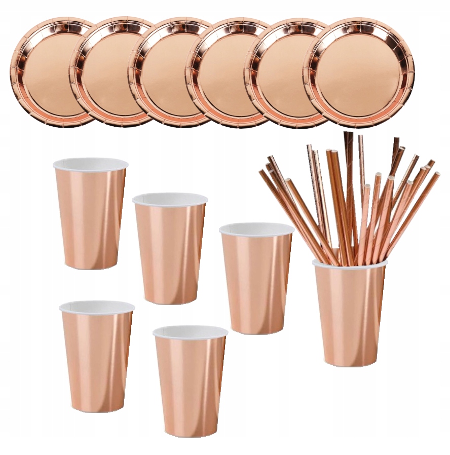 

Zestaw kubki talerzyki słomki rose gold urodziny