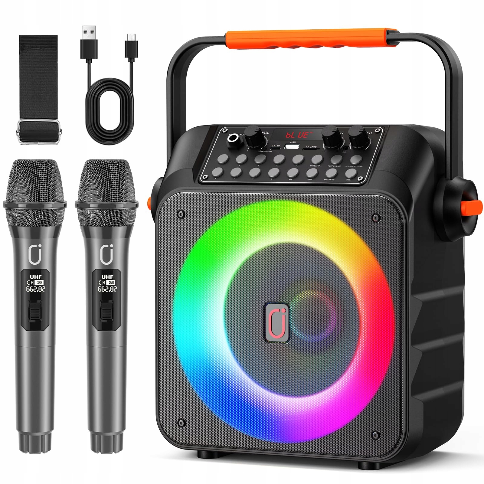 HWWR Karaoke Zestaw Z 2 Bezprzewodowymi Mikrofonami RGB Światła Partybox — miniatura 9