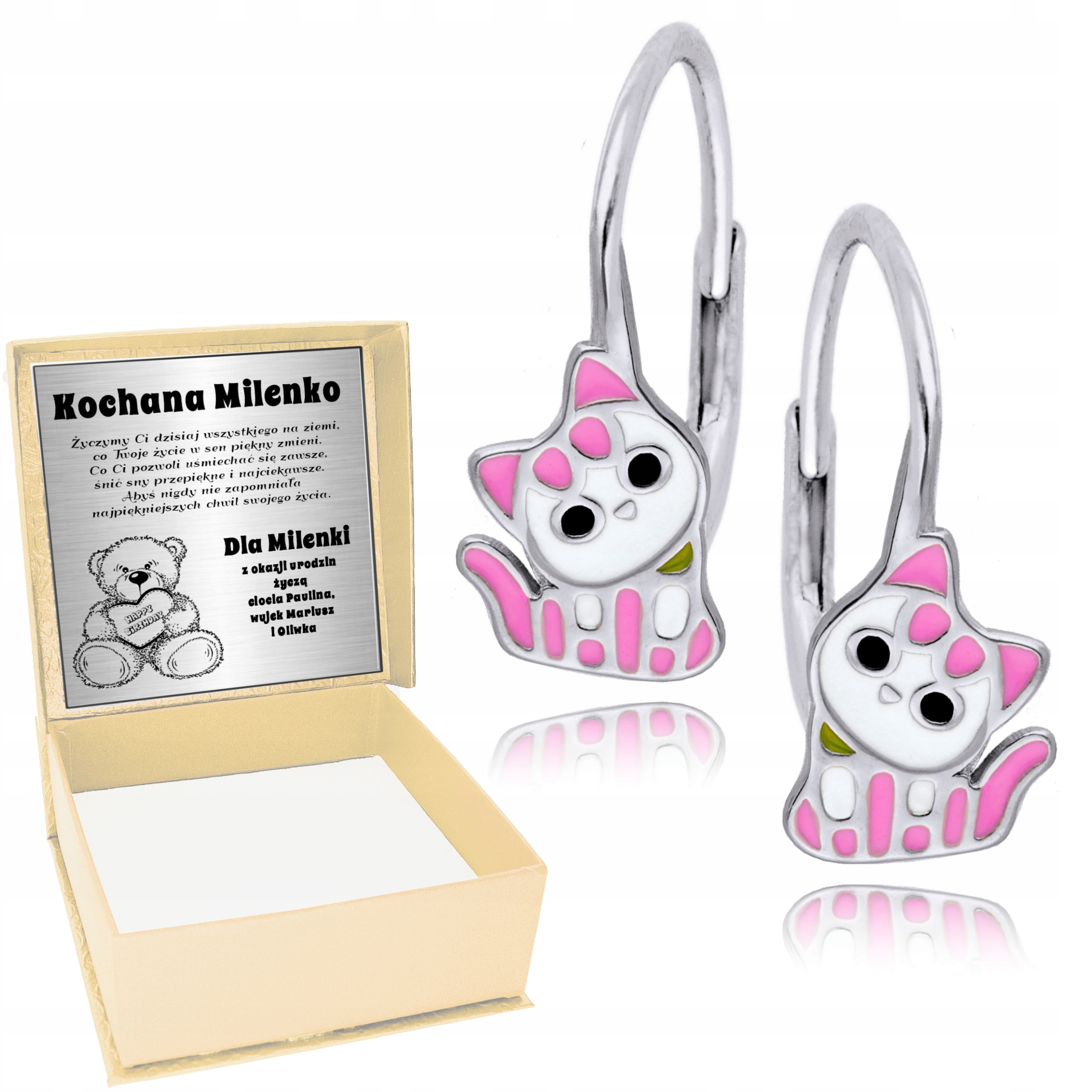 

Srebrne Kolczyki 925 Kolorowe Kotki dla Dzieci