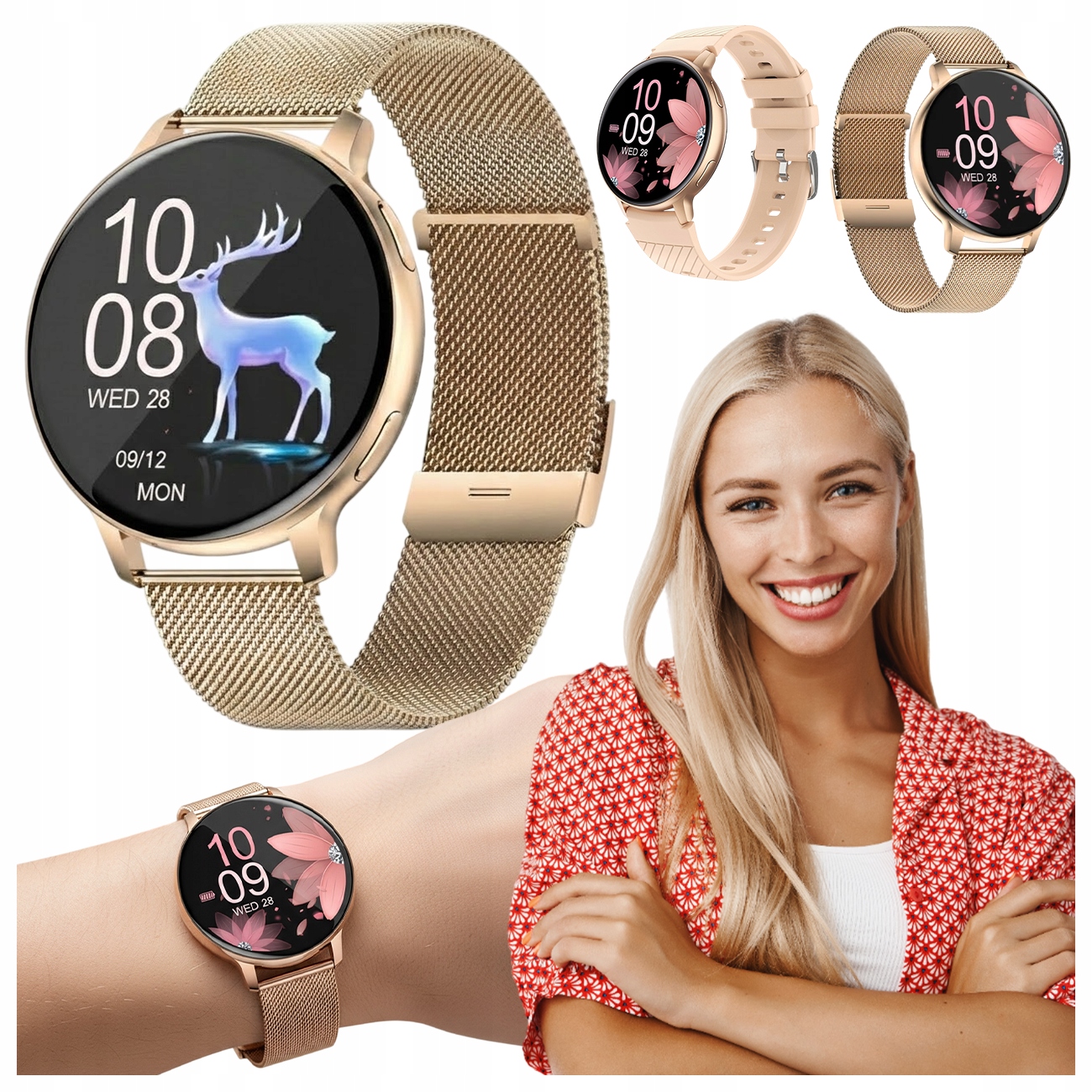 SMARTWATCH ZEGAREK DAMSKI PRO ZŁOTY ROZMOWY POWIADOMIENIA DLA KOBIETY PL