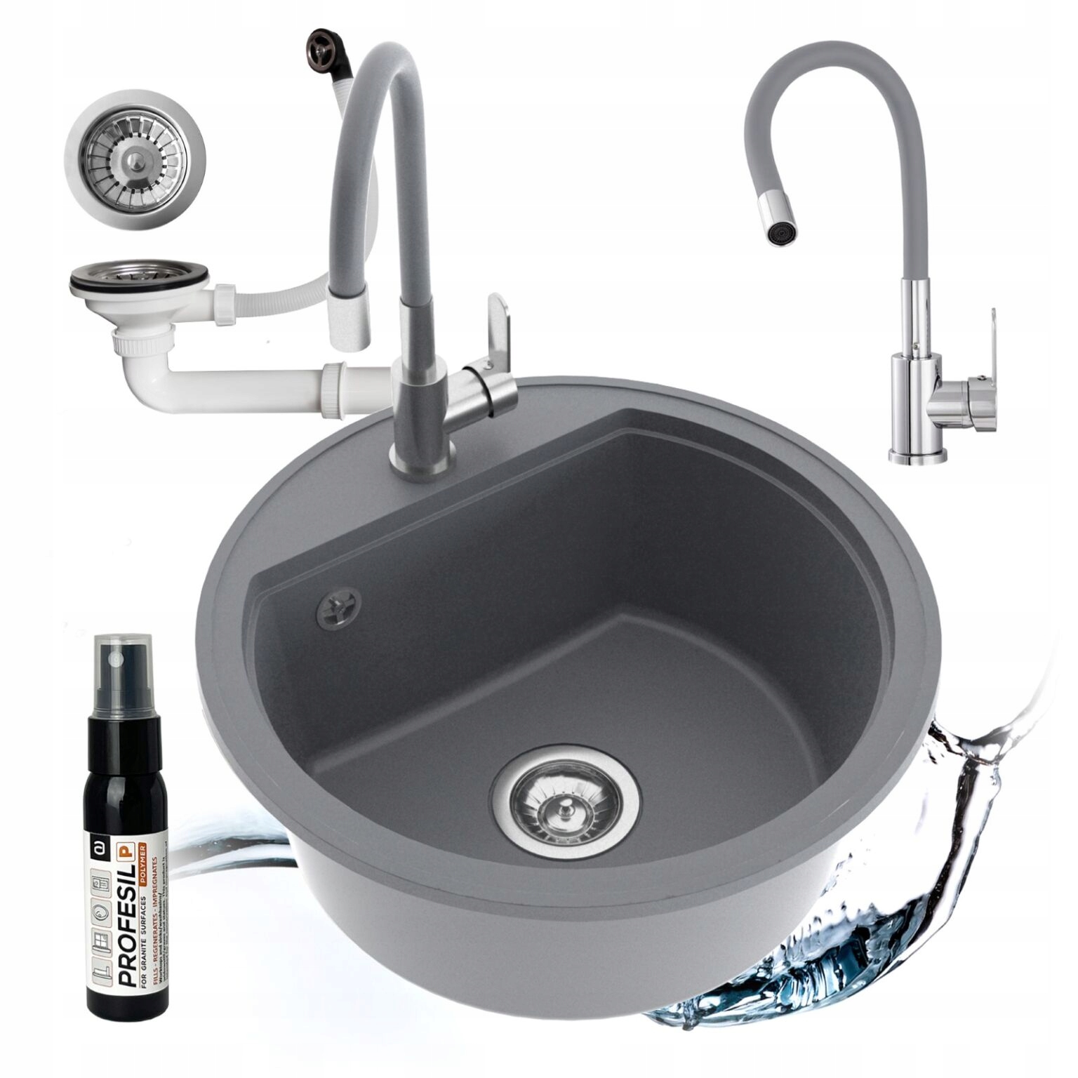 Granitový Drez, Jednokomorový, Okrúhly, Sada Batérií, Flexibilný Sifón