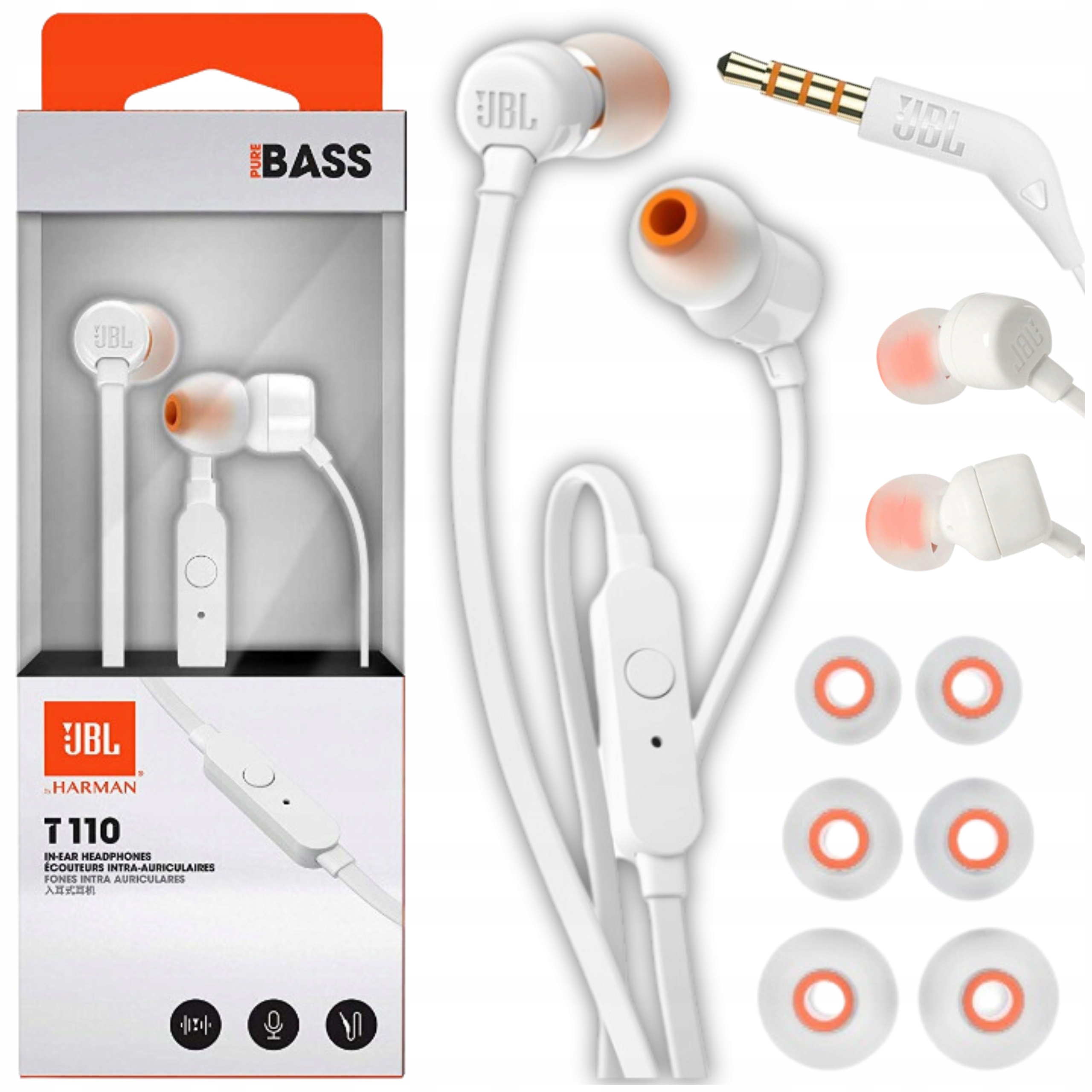 SŁUCHAWKI PRZEWODOWE JBL DOKANAŁOWE Z MIKROFONEM NA KABLU DOUSZNE BIAŁE