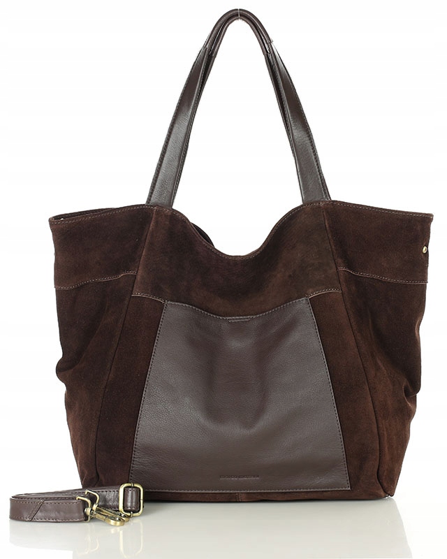 Duża Torba damska Zamszowa shopper Skórzany z kieszenią ciemnyBRĄZ Na Ramię