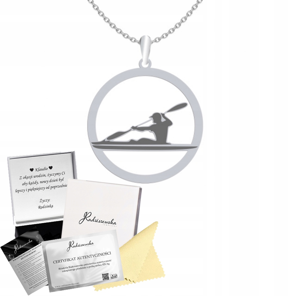 Stříbrný Náhrdelník Kanoistika Kajakář Řetízek Dárek 925 Gravírování Bonus