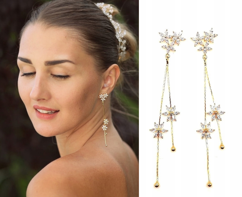 KOLCZYKI KWIATKI KWIATY DŁUGIE 9,5 CM ZŁOTE ŚLUBNE