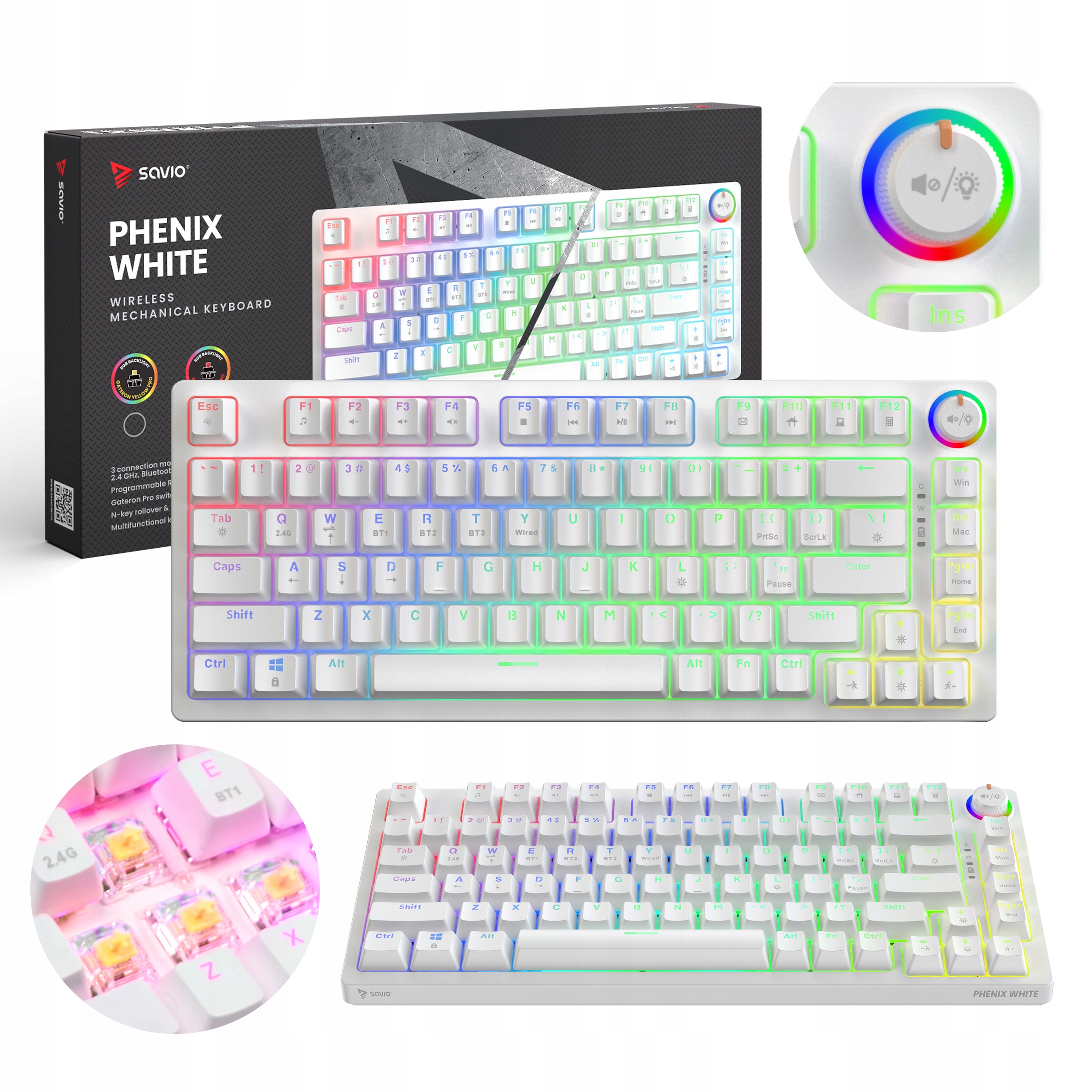 Den dětí Mechanická klávesnice Savio Phenix White Gateron Yellow Abs