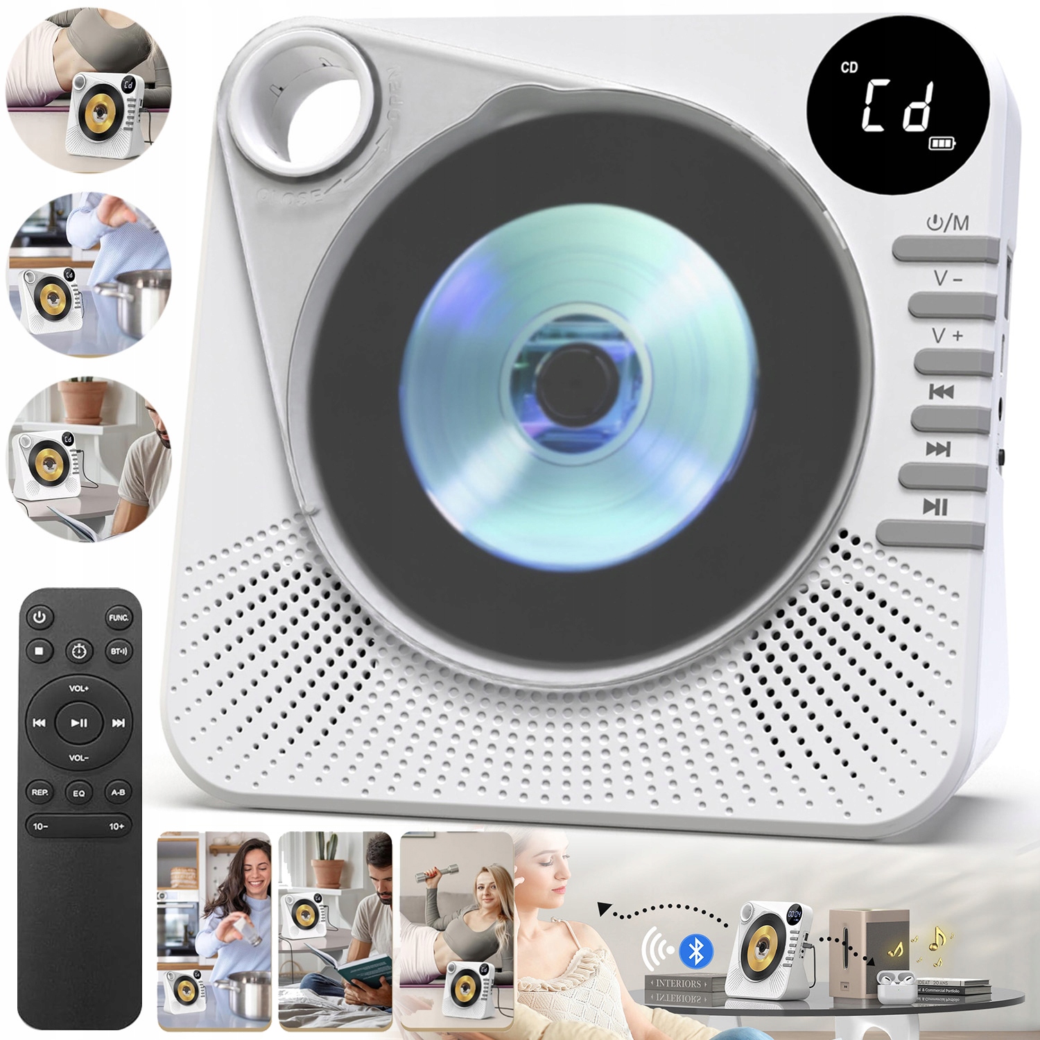 Rádio Aux Usb Fm Bílý MP3 Přenosný Přehrávač CD Reproduktor Bluetooth Časovač