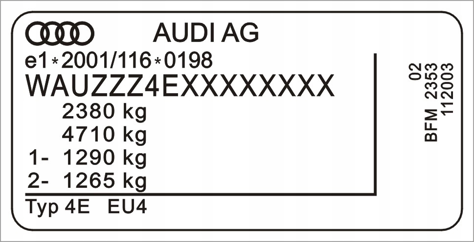 НАКЛЕЙКА ТАБЛИЧКА ЧИСТА IDENTYFIKACYJNA AUDI фото 1