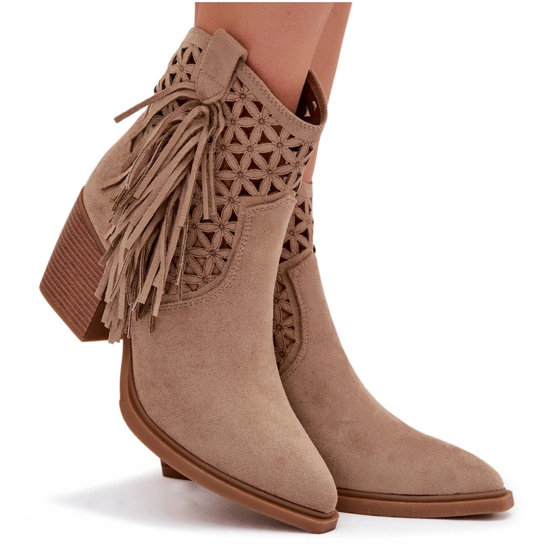 Kotníkové Boty Kovbojské Boty Ažurové S Razítky Podpatek Sloupek Na Zip Eko Semiš Béžové 39