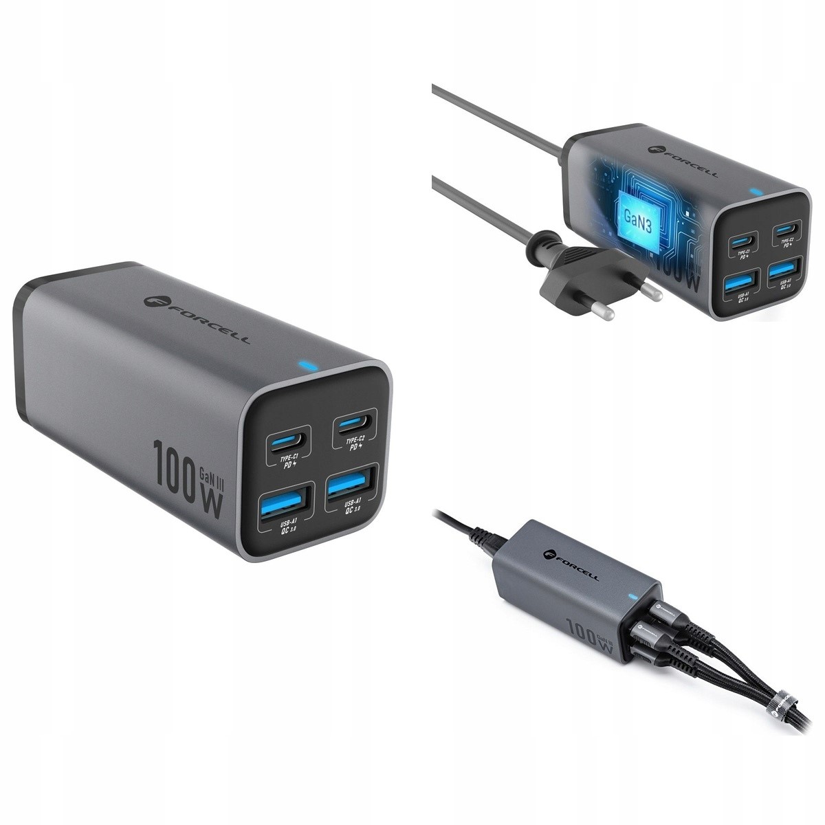 Szybka biurkowa ładowarka sieciowa Forcell GaN III 100W 2x Usb C i 2x Usb