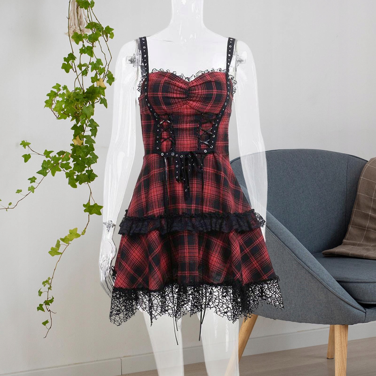 Punk Mini sukienka Plaid Cosplay Party Gothic L Materiał dominujący akryl