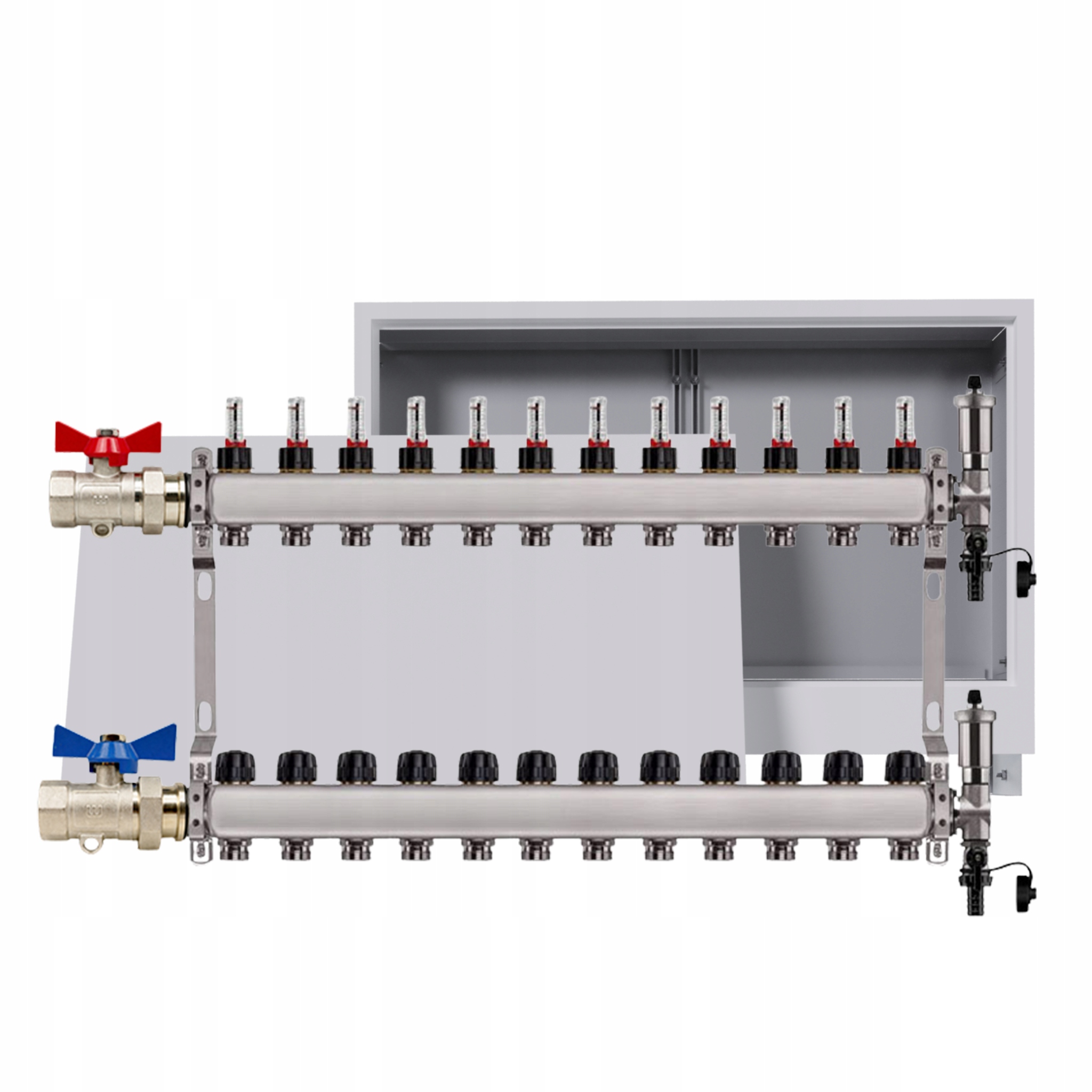 Rozdělovač nerezový Podlahovky 12 okruhů podomítková skříňka sada