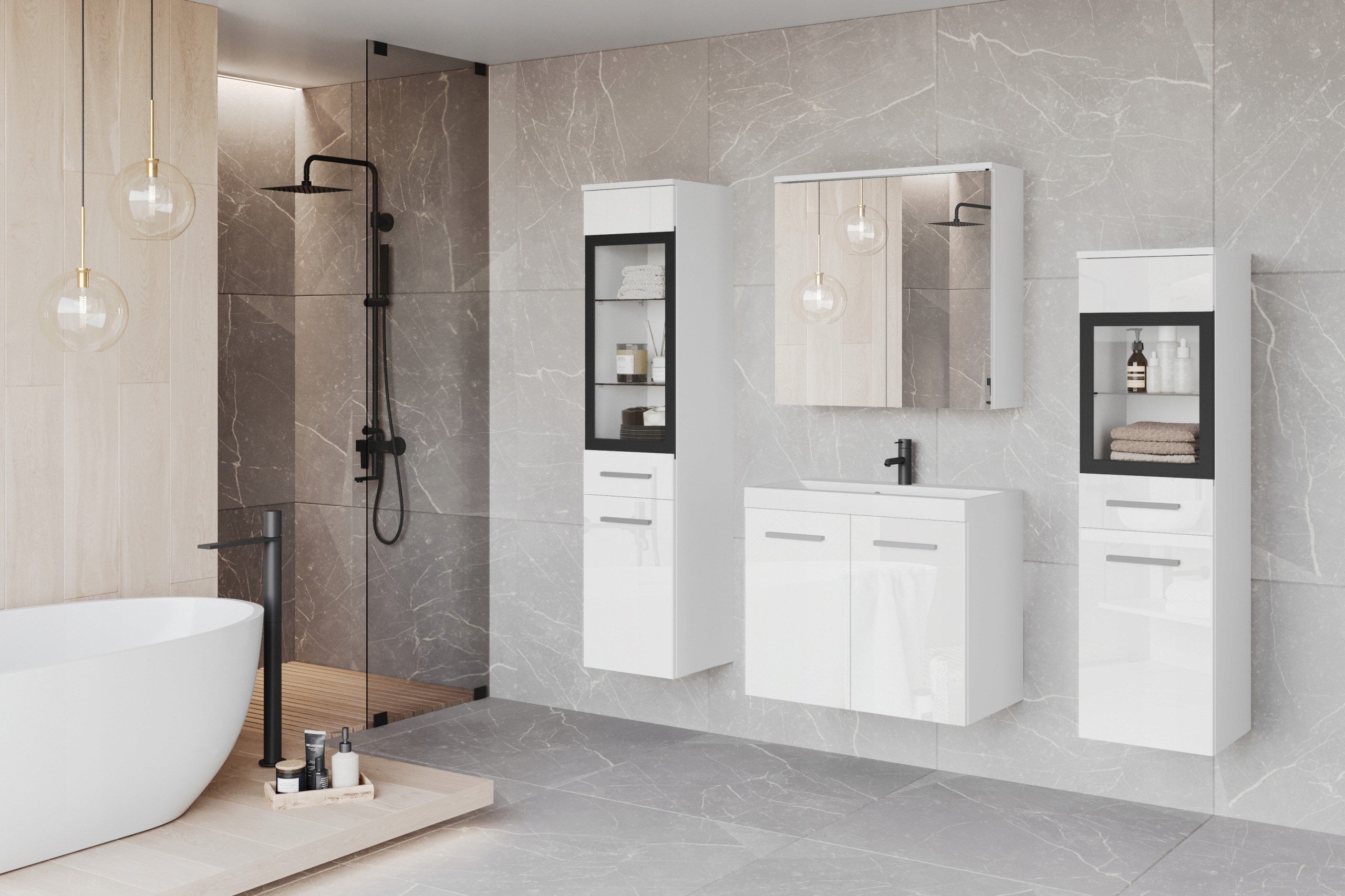 Meble łazienkowe MADRIT II, umywalka, lustro MATERA / BIAŁY POŁYSK Kolor frontów biały