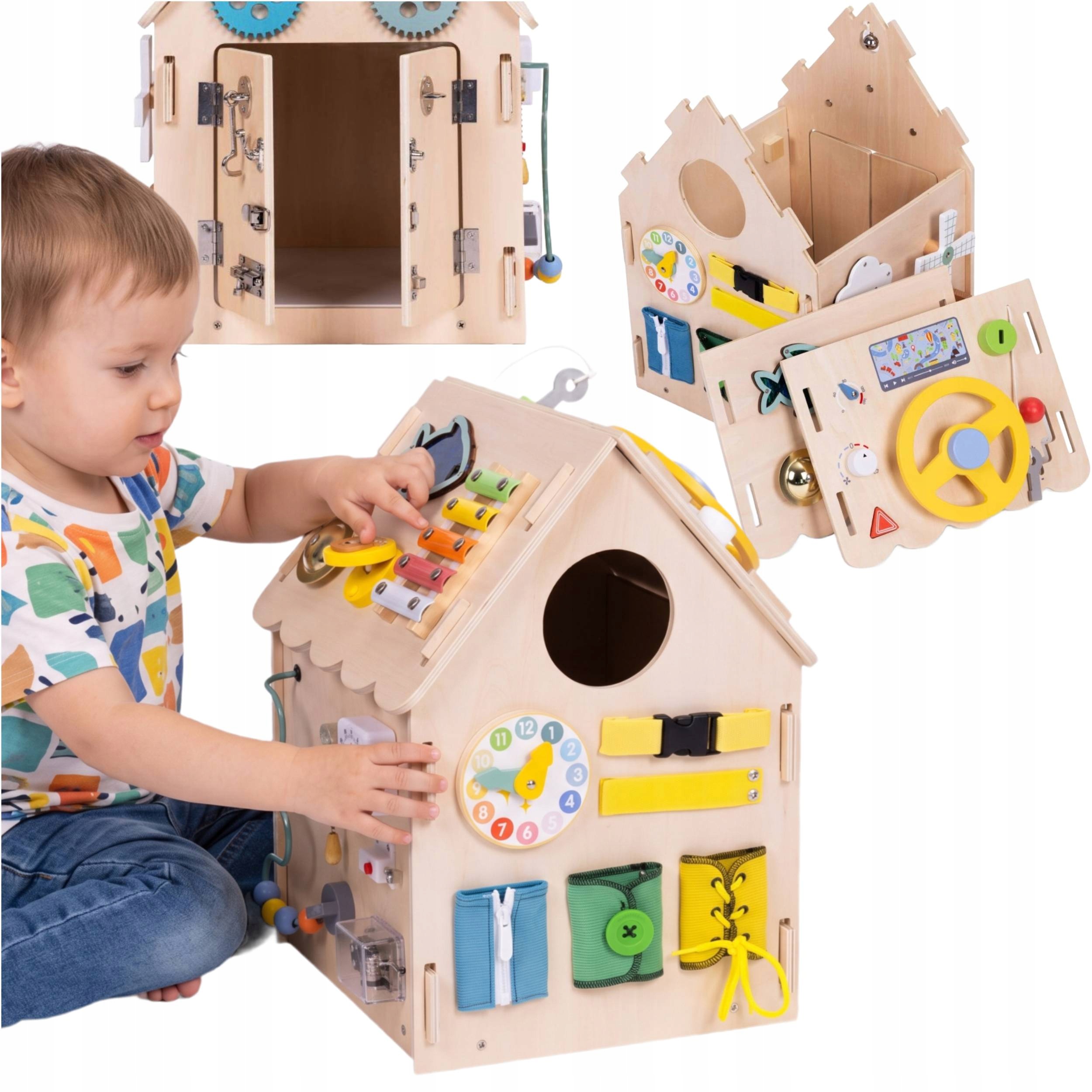 Drewniany Domek Manipulacyjny XXL Panel Edukacyjny Dla Dzieci 30 Elementów