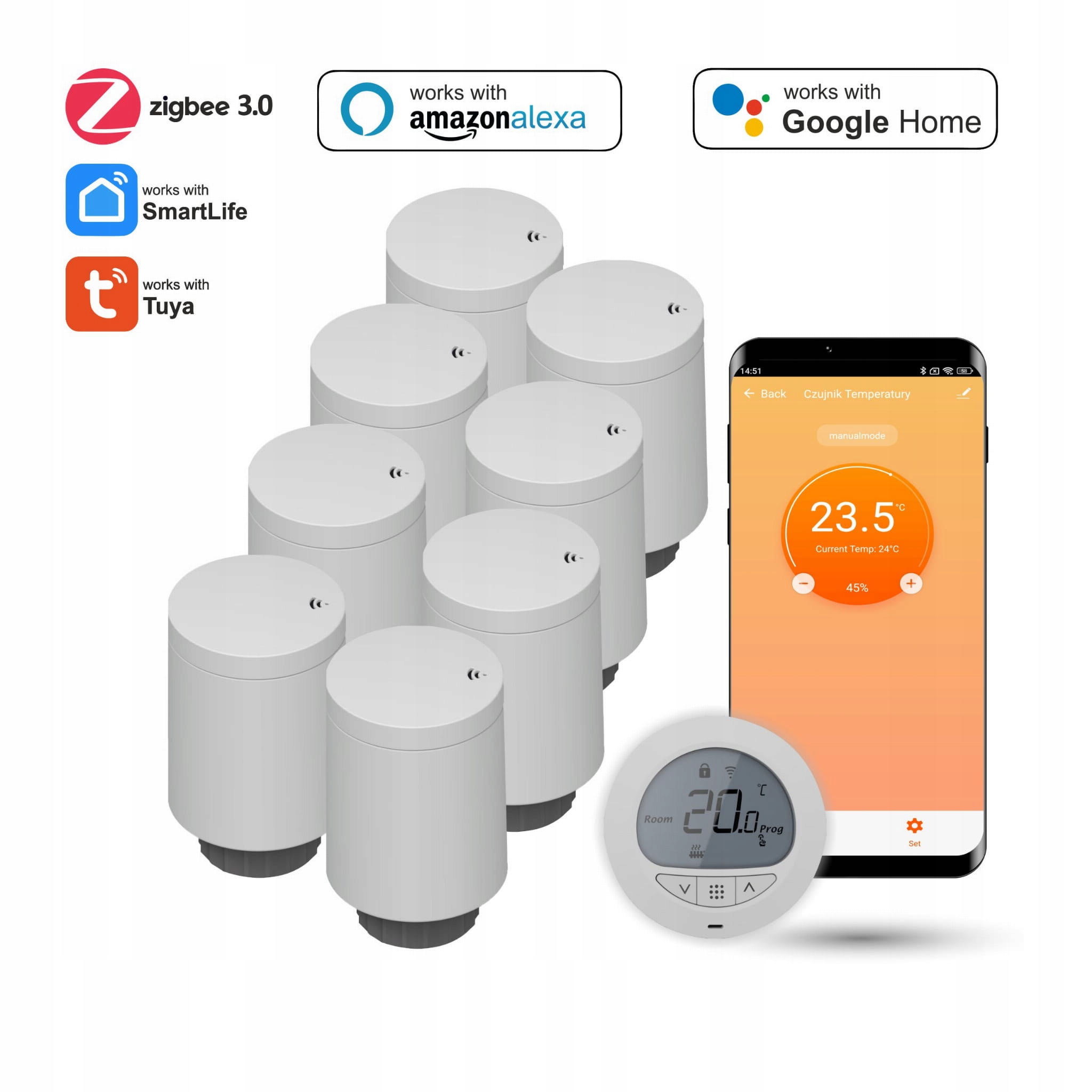 Súprava s ôsmimi radiátorovými hlavicami a termostatom Zigbee Tuya