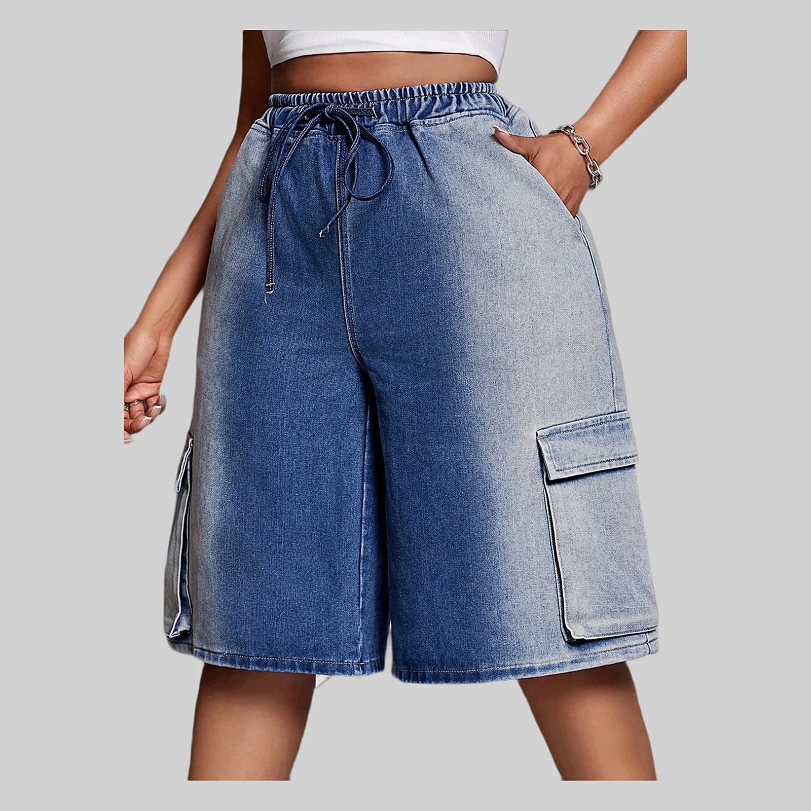 Dámské kapsáče džíny bermudy capri ombre modré casual XL 42
