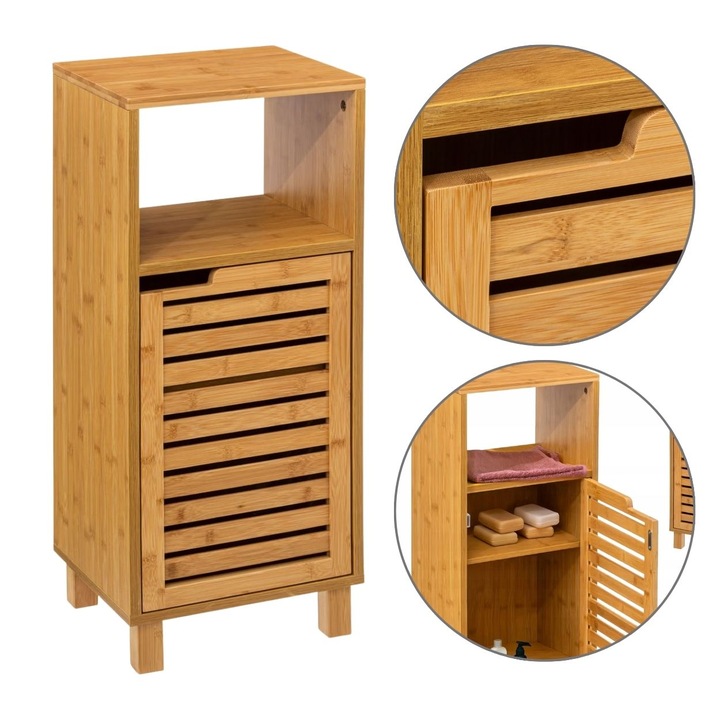 Koupelnová Skříňka Sloupek Béžová 33X28X80 CM Bambus A Mdf Odolná Proti Vlhkosti