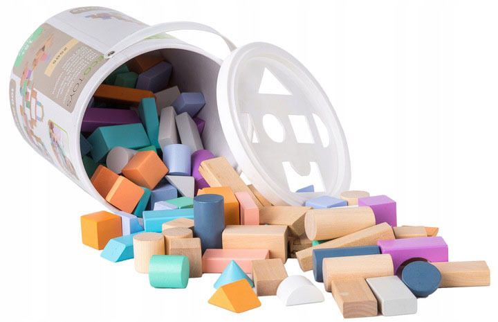 DREWNIANE KLOCKI Z SORTEREM KSZTAŁTÓW WIADERKO 100 SZT ECOTOYS Liczba elementów 100