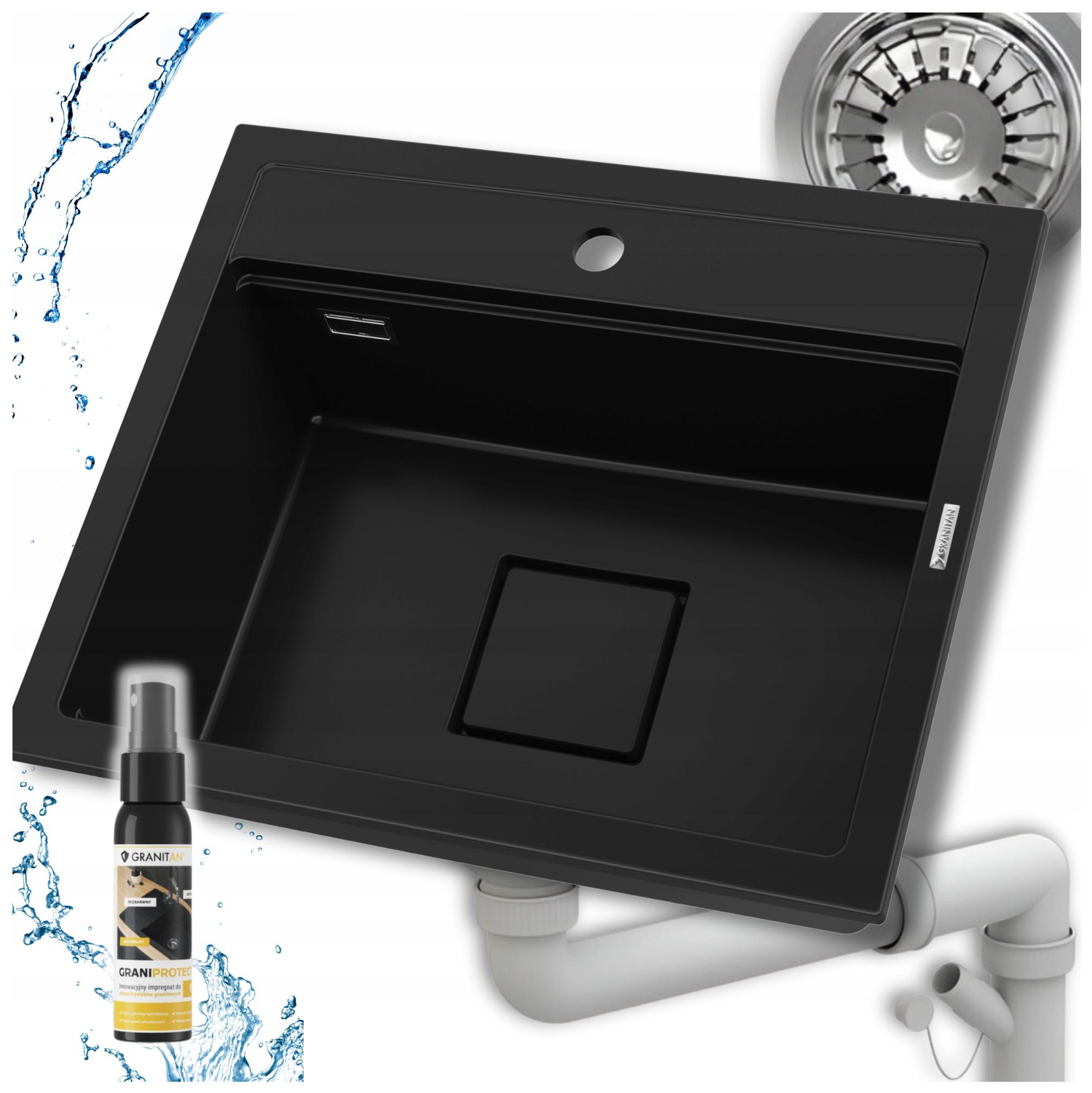 Granitový kuchynský drez jednokomorový drez Stone L sifónová maska