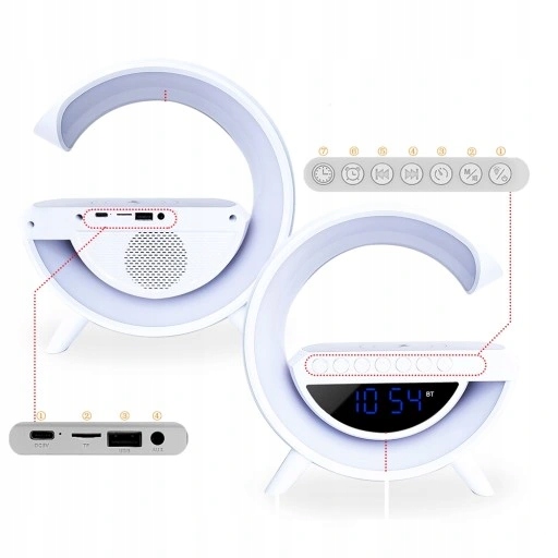 Inteligentna Lampka LED z Ładowarką QI Głośnikiem Bluetooth Radio i Zegarem Marka bez marki