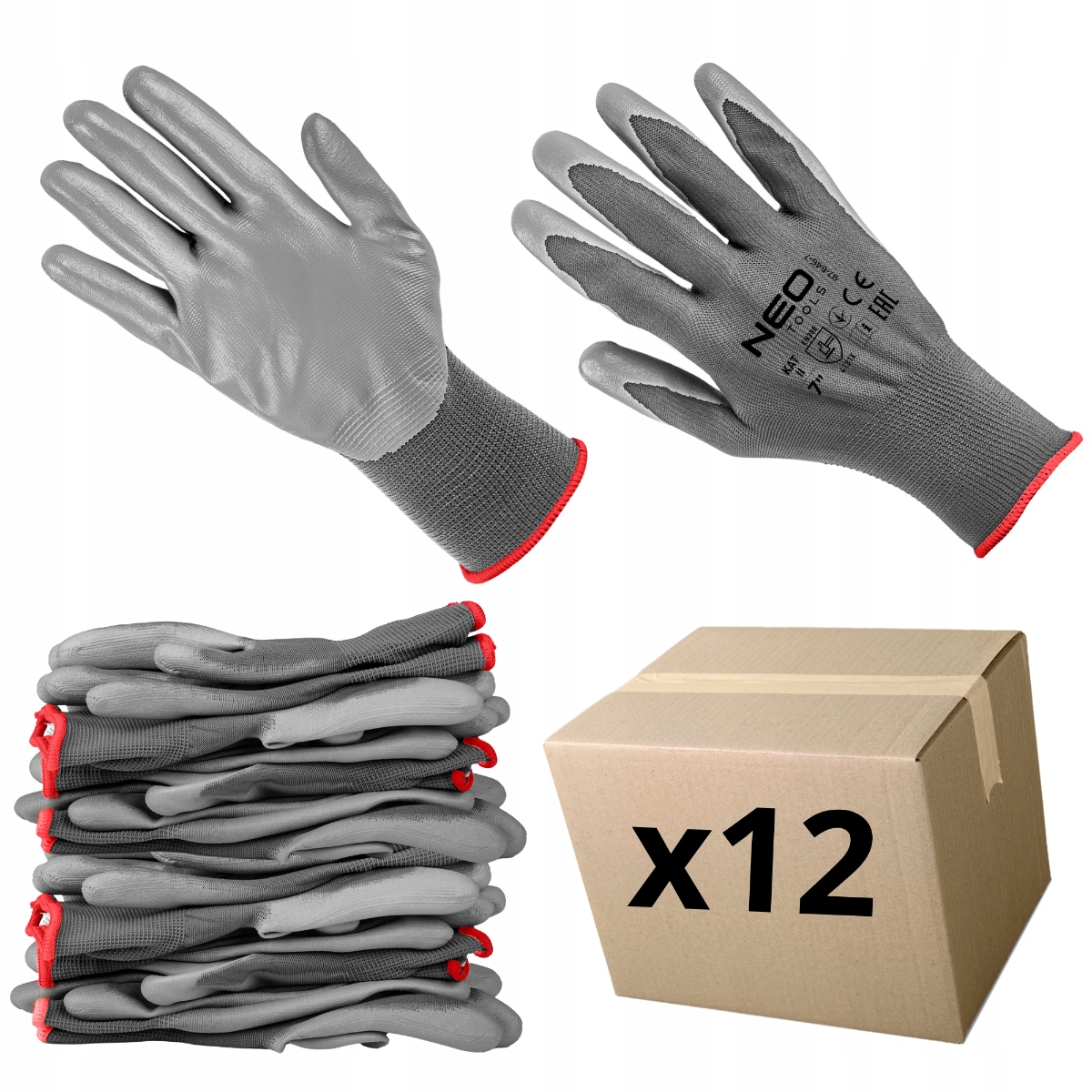 12x Rękawice Robocze Poliester Pokryty PU rozmiar 7 MOCNE NEO TOOLS