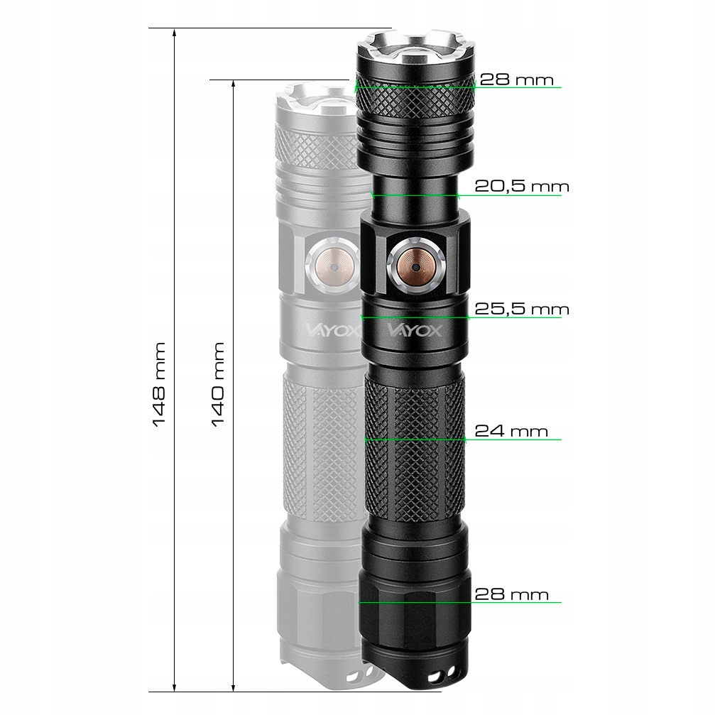 LATARKA LED TAKTYCZNA AKUMULATOROWA BATON ZOOM USB-C XHP50 1200lm PRO VAYOX Kolor dominujący czarny