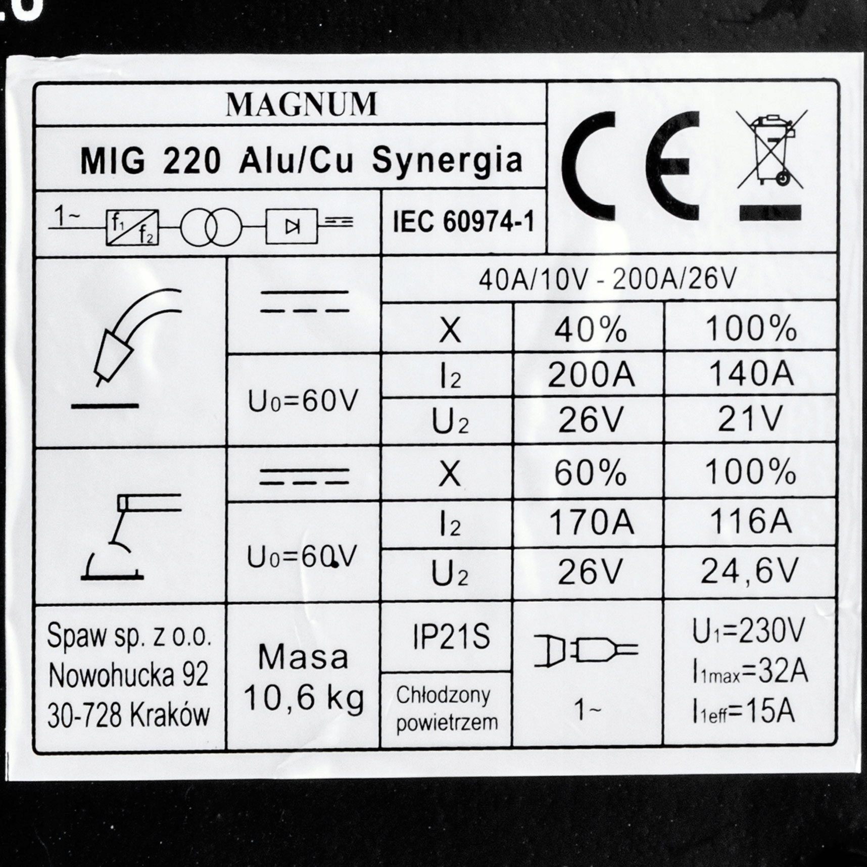 PÓŁAUTOMAT SPAWALNICZY MAGNUM MIG 220 ALU/CU SYNERGIA MMA TIG 230V 200A ALU Rodzaj spawarka inwertorowa