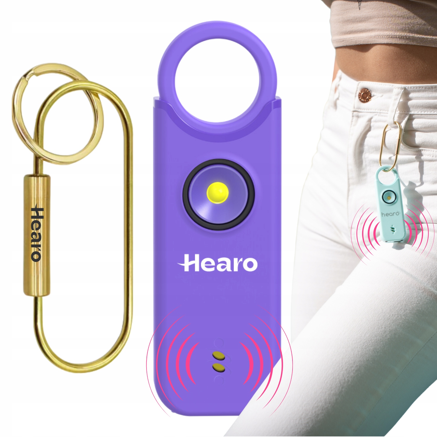Osobní alarm 2v1 Hearo pro ženy a děti seniorů Zlatý Přívěsek Na Klíče (fialový)