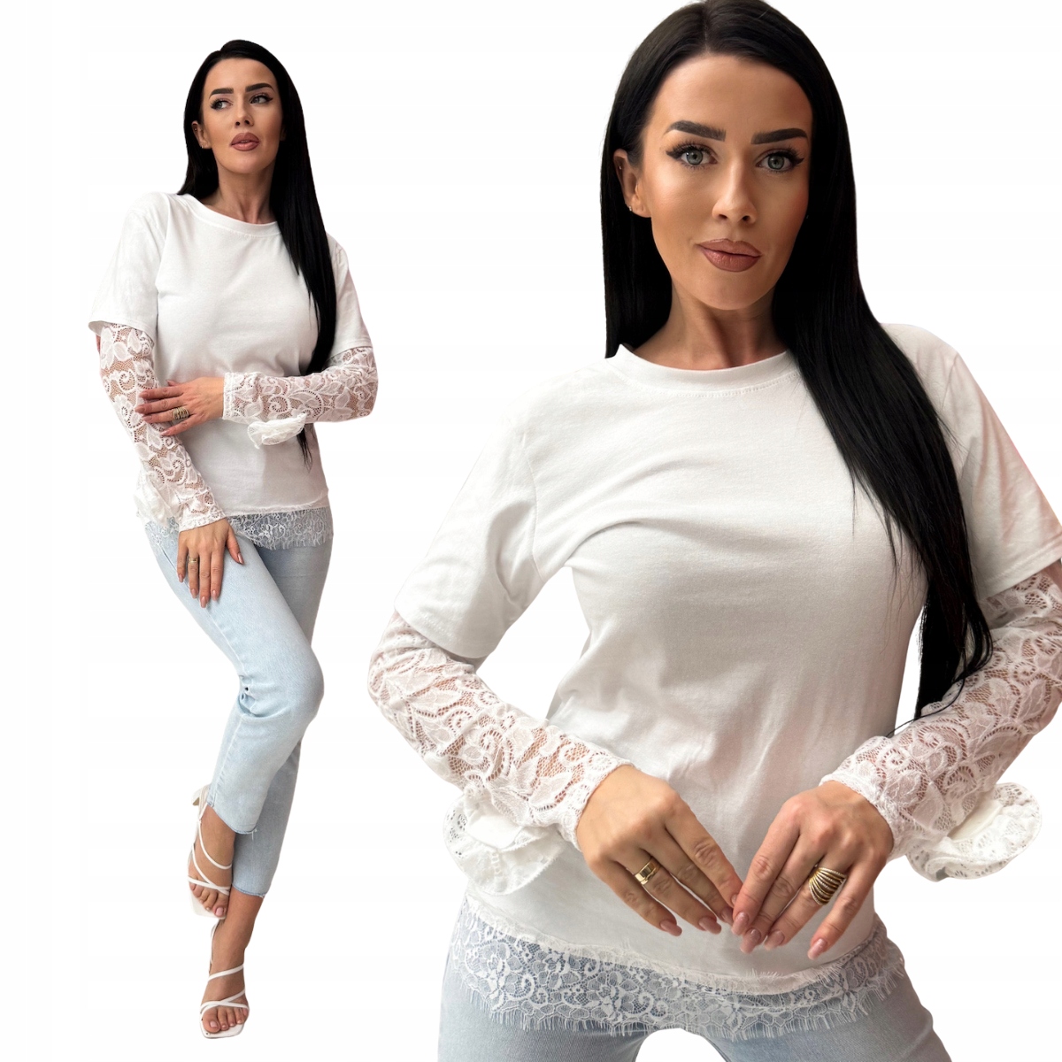 Tričko s krajkovým rukávem a růží, bílá barva Jacob, elastické, velikost One size